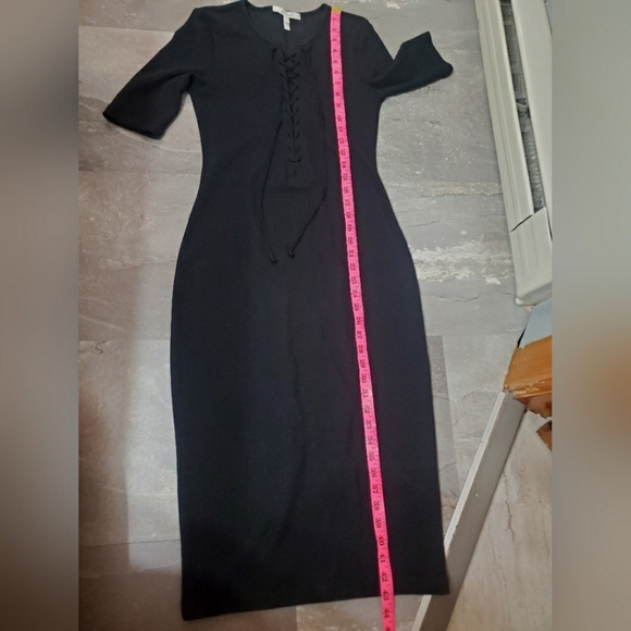 Derek Lam 10 Crosby Elegant Black Midi Dress. Short Sleeves. Knit Ribbed Lace Up - Picture 15 of 15